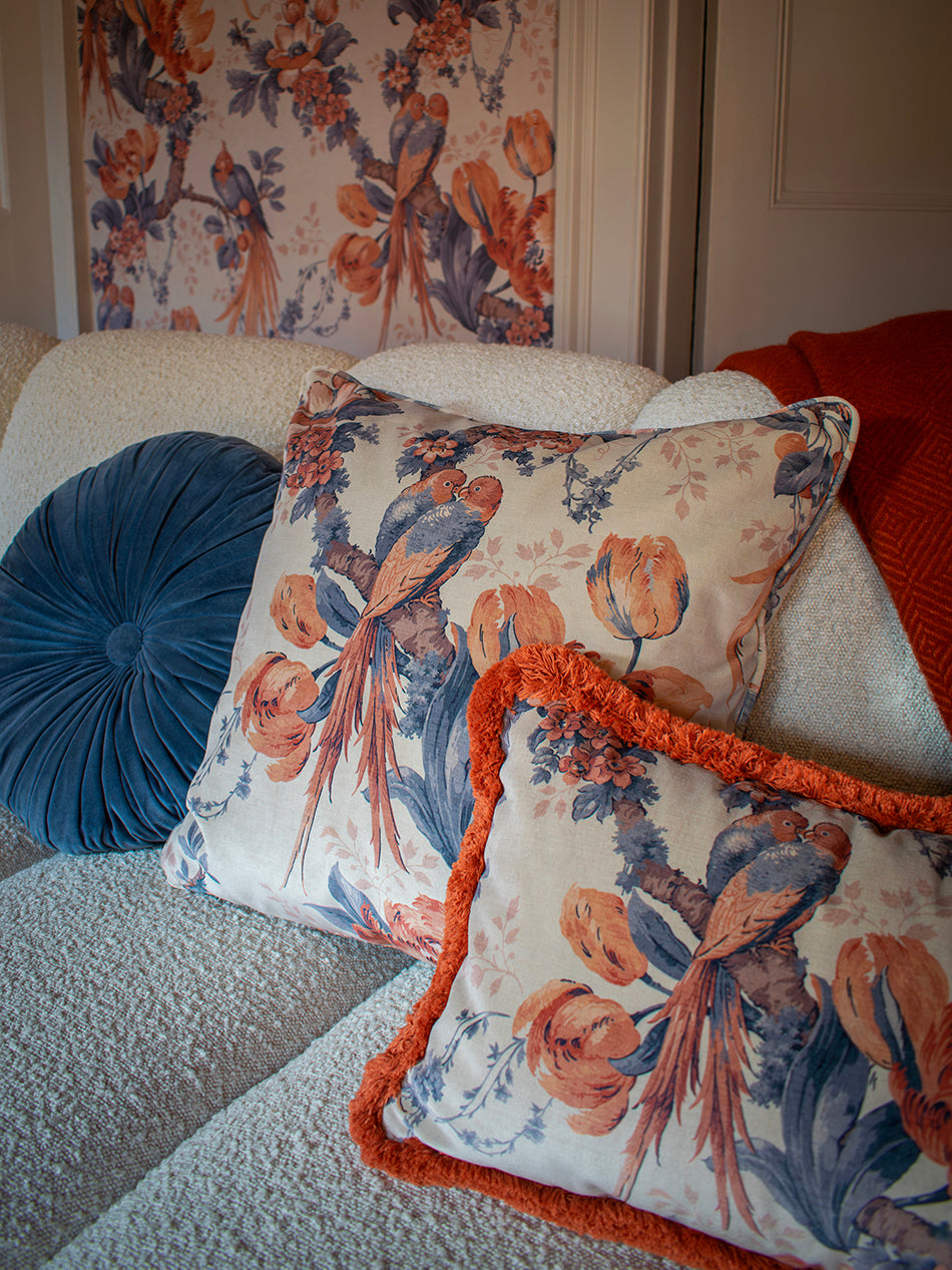 Lovebirds 'Papaya' Velvet Cushion