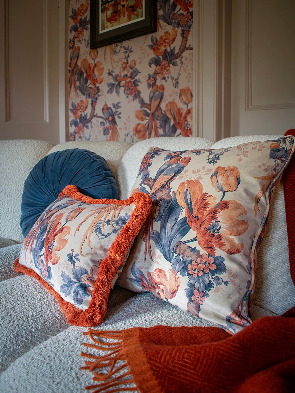 Lovebirds 'Papaya' Velvet Cushion