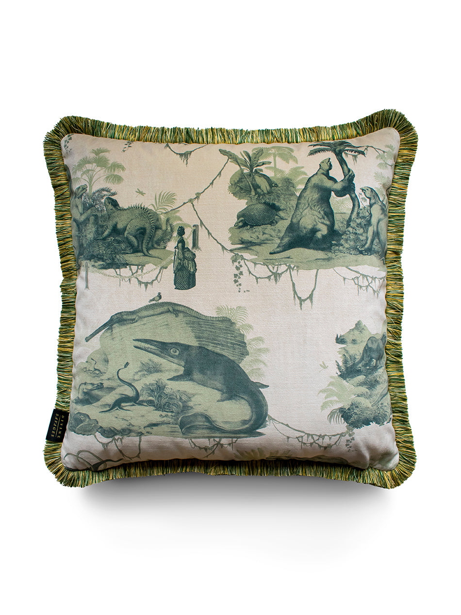 Extinctopia 'Galapagos Green' Fringed Velvet Cushion