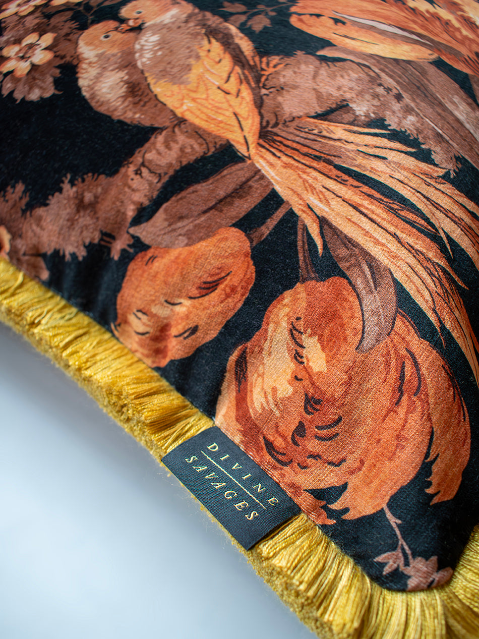 Lovebirds 'Black' Fringed Velvet Cushion