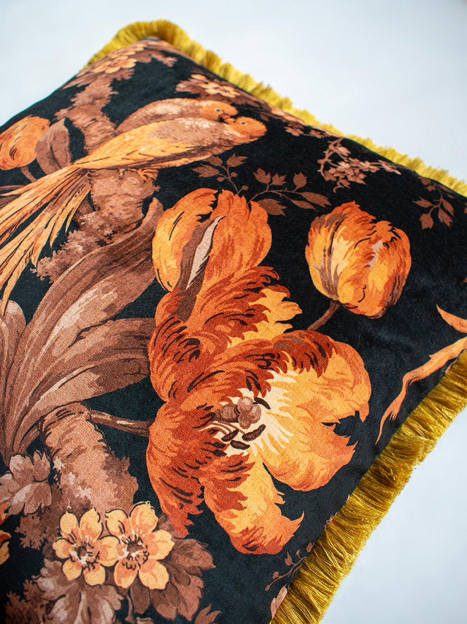 Lovebirds 'Black' Fringed Velvet Cushion