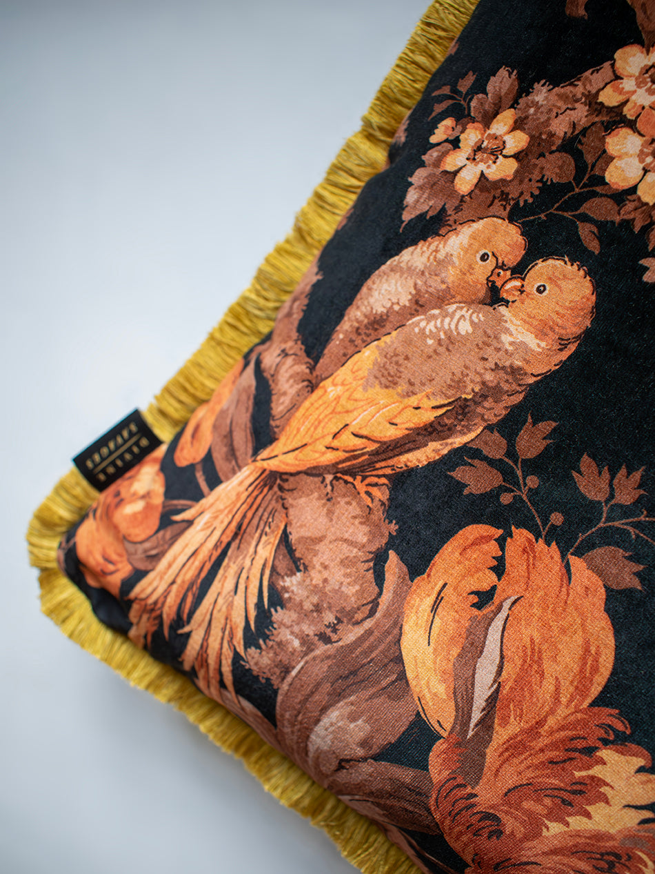 Lovebirds 'Black' Fringed Velvet Cushion
