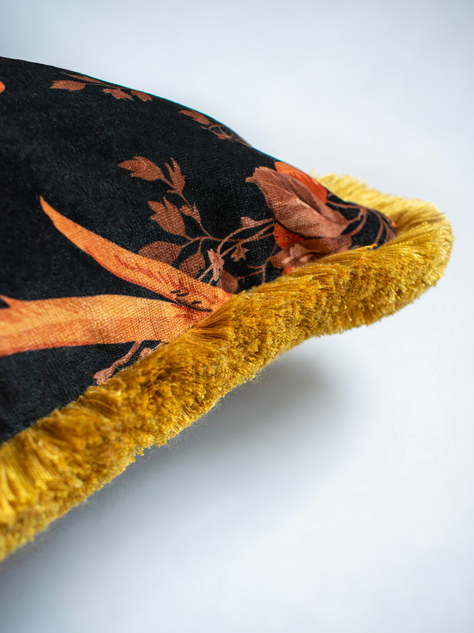 Lovebirds 'Black' Fringed Velvet Cushion