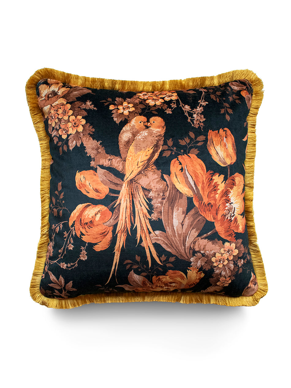 Lovebirds 'Black' Fringed Velvet Cushion
