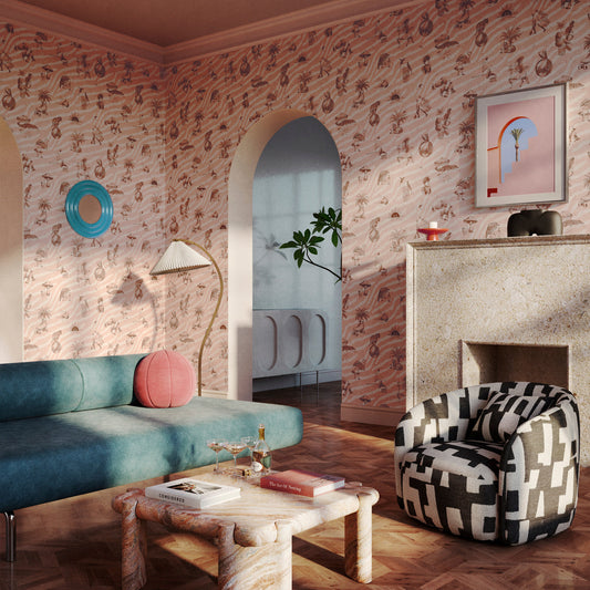 Divine Savages wallpaper in a colourful maximalist living room