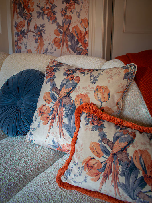 Lovebirds 'Papaya' Velvet Cushion