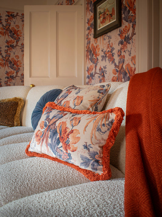 Lovebirds 'Papaya' Fringed Rectangle Velvet Cushion