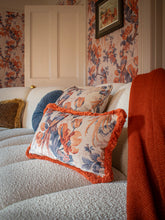 Load image into Gallery viewer, Love Birds &#39;Papaya&#39; Fringed Rectangle Velvet Cushion