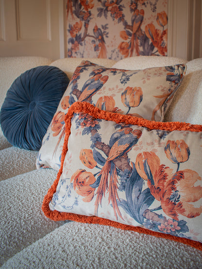 Lovebirds 'Papaya' Fringed Rectangle Velvet Cushion