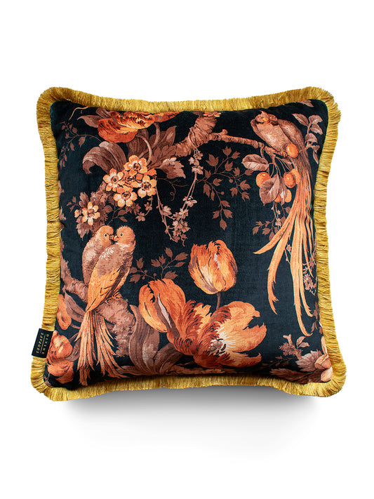 Lovebirds 'Black' Fringed Velvet Cushion