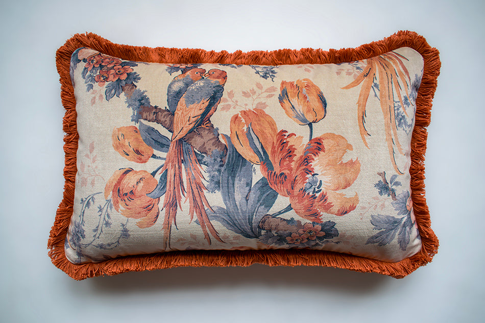 Love Birds 'Papaya' Fringed Rectangle Velvet Cushion