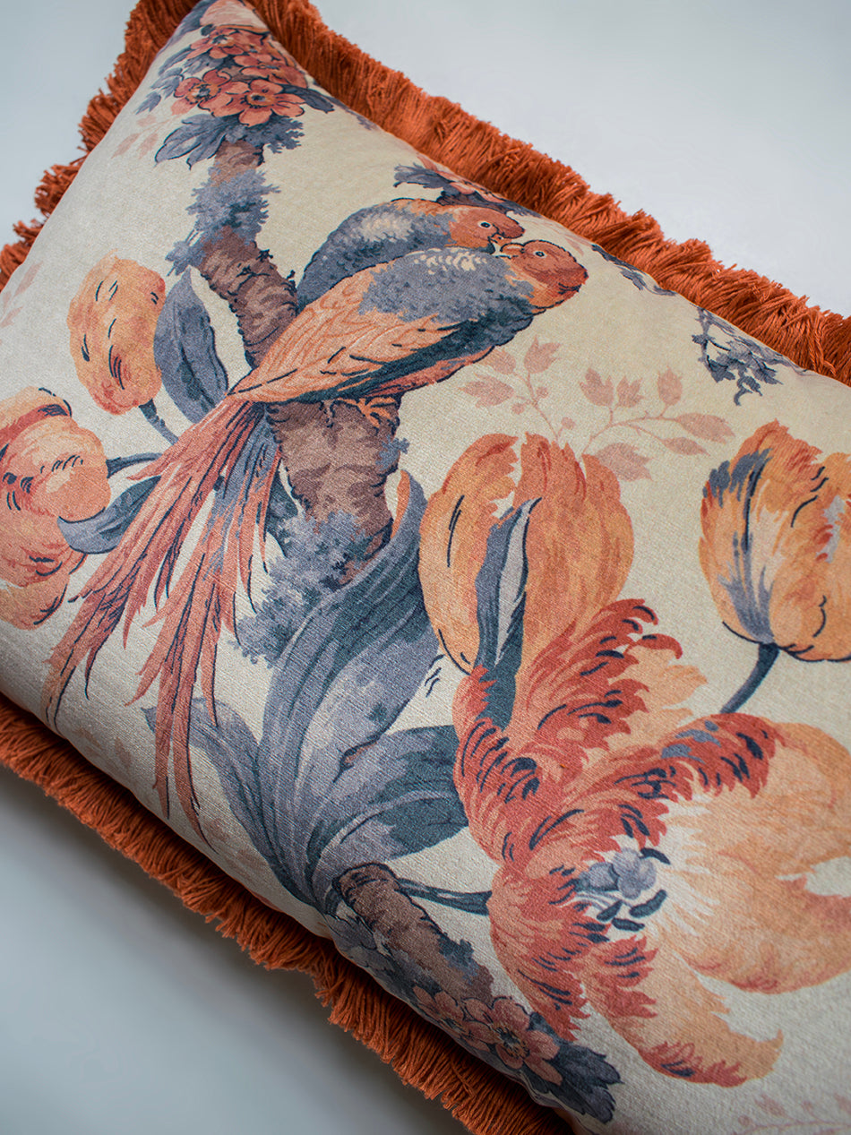 Lovebirds 'Papaya' Fringed Rectangle Velvet Cushion