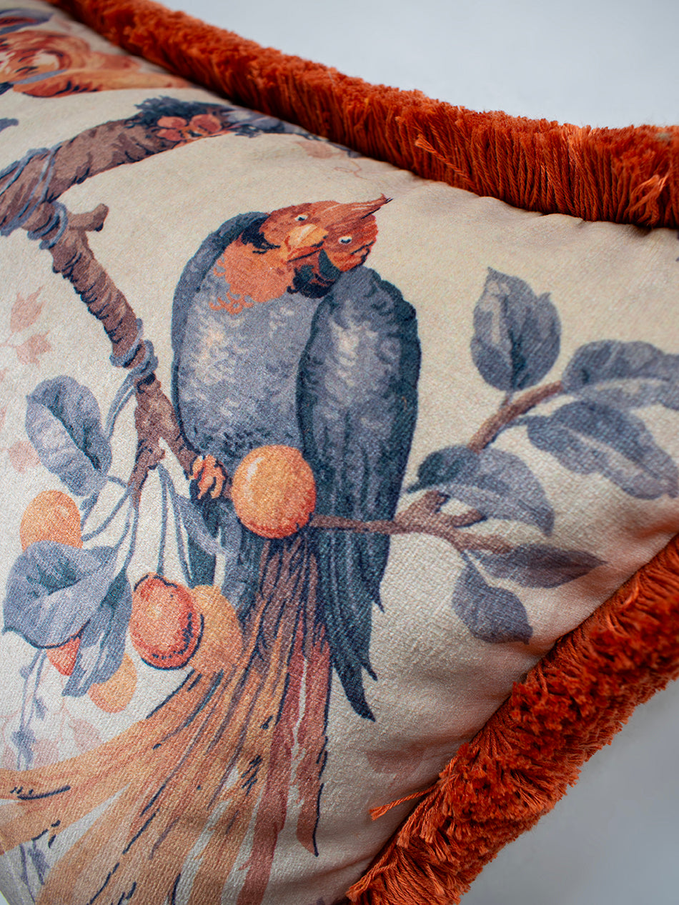 Lovebirds 'Papaya' Fringed Rectangle Velvet Cushion