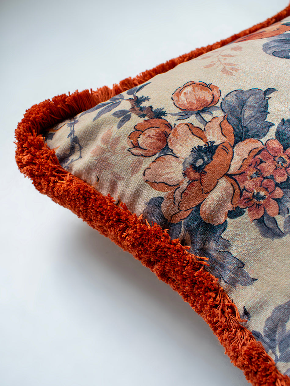 Lovebirds 'Papaya' Fringed Rectangle Velvet Cushion