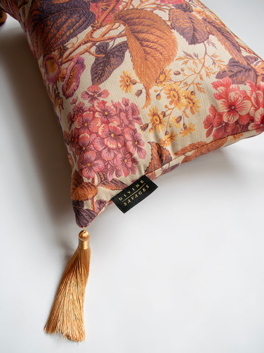 The Brambles 'Antique Rose' Rectangle Linen Tasseled Cushion
