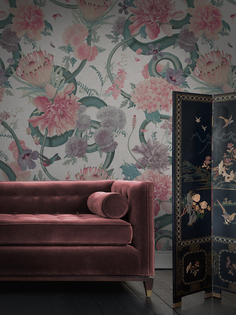 Forbidden Bloom 'Bone White' Faux Suede Wallpaper By The Metre