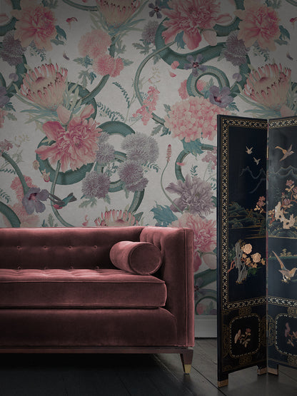 Forbidden Bloom 'Bone White' Faux Suede Wallpaper By The Metre