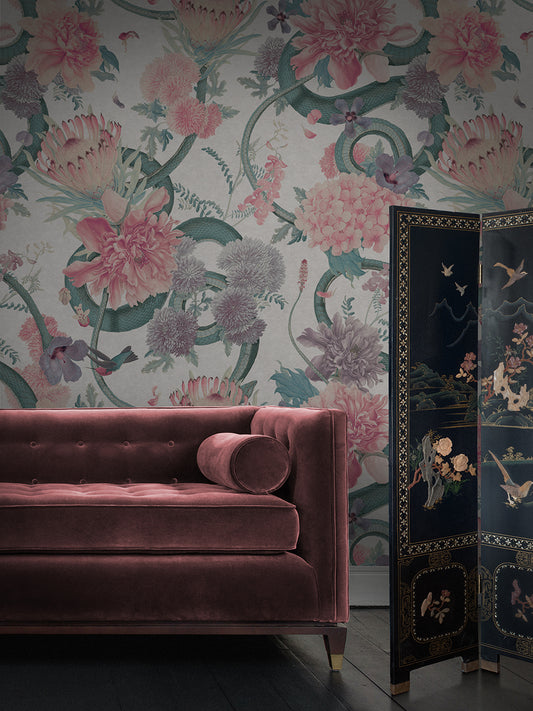 Forbidden Bloom 'Bone White' Faux Suede Wallpaper By The Metre