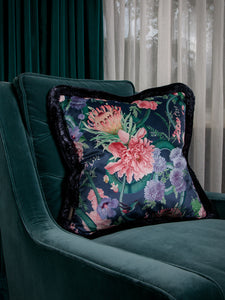 Forbidden Bloom 'Deep Blue' Fringed Velvet Cushion
