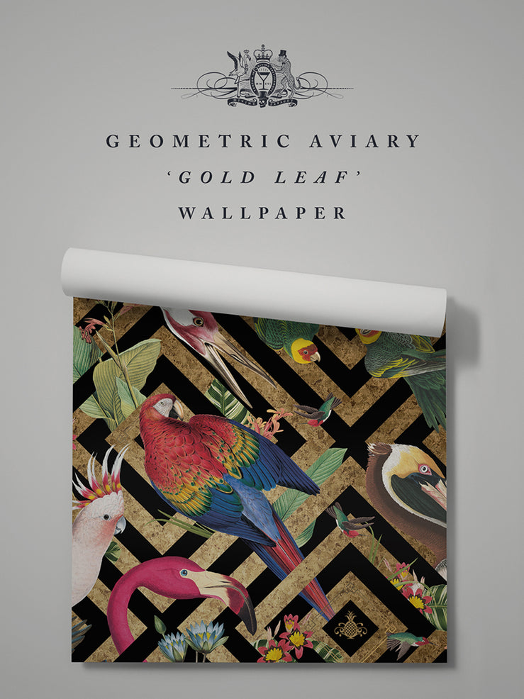 Geometric Aviary Gold Leaf Wallpaper Sample